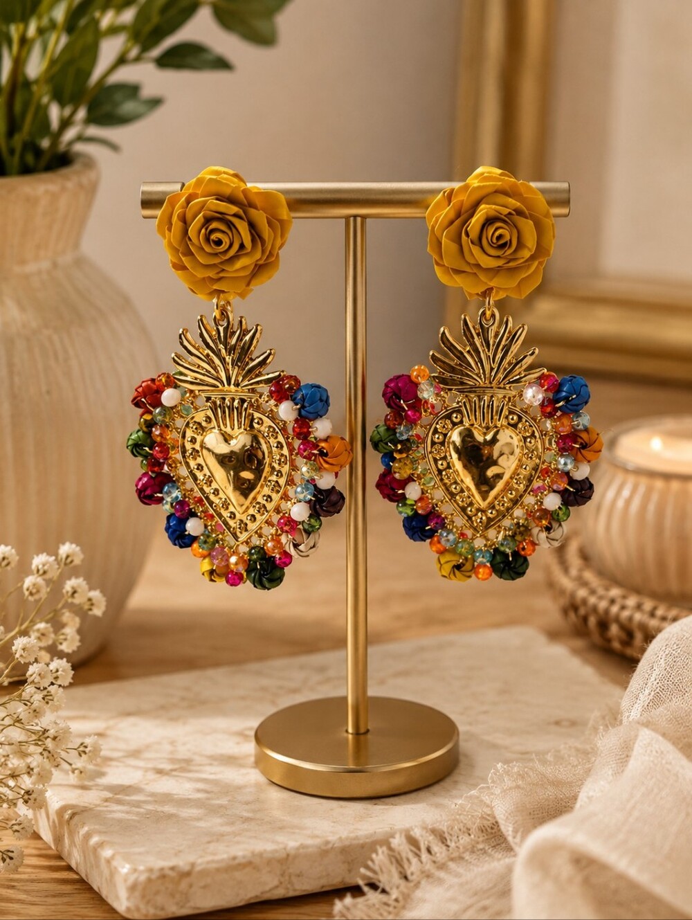 Gold and Multicolor Heart Earrings
